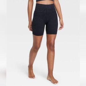 JoyLab Black Onyx Womens High-Rise Ribbed Seamless Bike Shorts 6" Inseam